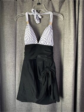 Striped Halter Empire Waist Swimdress - Black & White